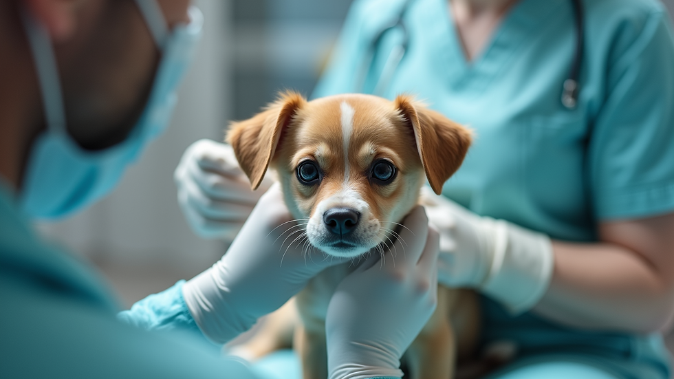 Close-up view of a veterinarian examining a small dog