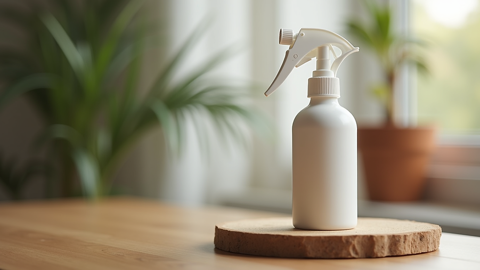 Close-up of a pet calming spray bottle on a wooden table