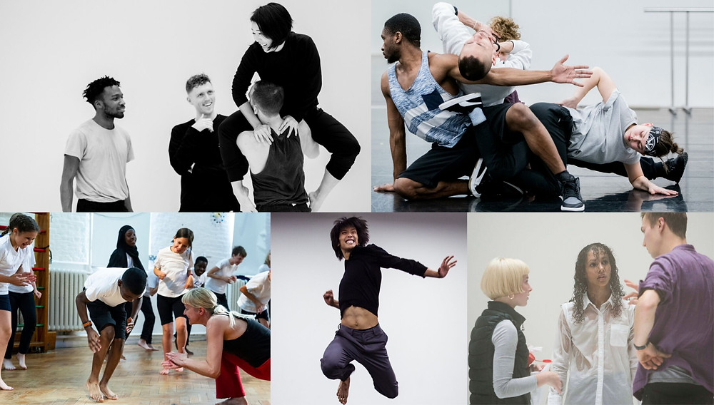 Shobana Jeyasingh Dance schools workshop, delivering their barter-back engagement project. Photo by Foteini Christofilopoulou. Eleesha Drennan Dance in rehearsal. Photo by Alicia Clarke. Charlotte Edmonds and dancer Francesca Hayward filming Edmonds' new work. Photo by Alice Pennefather. James Cousins in rehearsal with his dancers. Photo by Camilla Greenwell. Candoco Dance Company in creation for "Face In" with choreographer Yasmeen Godder. Emma Houston in rehearsal with her dancers. Photo by Camilla Greenwell. Eleesha Drennan's barter-back engagement project with Headway East. Photo by Emma Crouch.