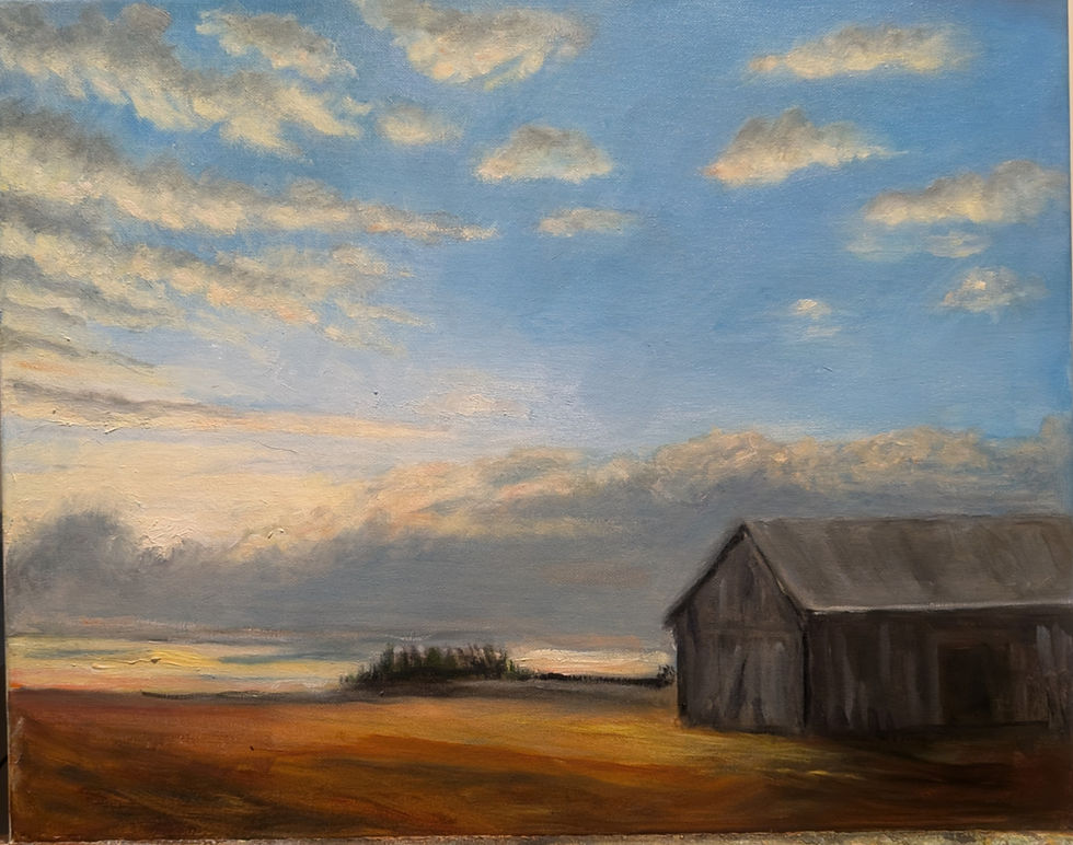 Vue rapprochée d'une peinture figurative montrant un paysage québécois