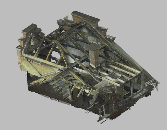 3D-Scan-Daten des ausgebrannten, historischen Dachstuhls