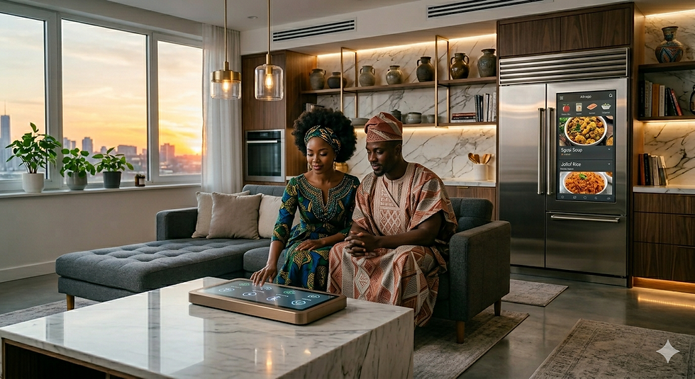 Couple using smart home automation in Abuja home at sunset