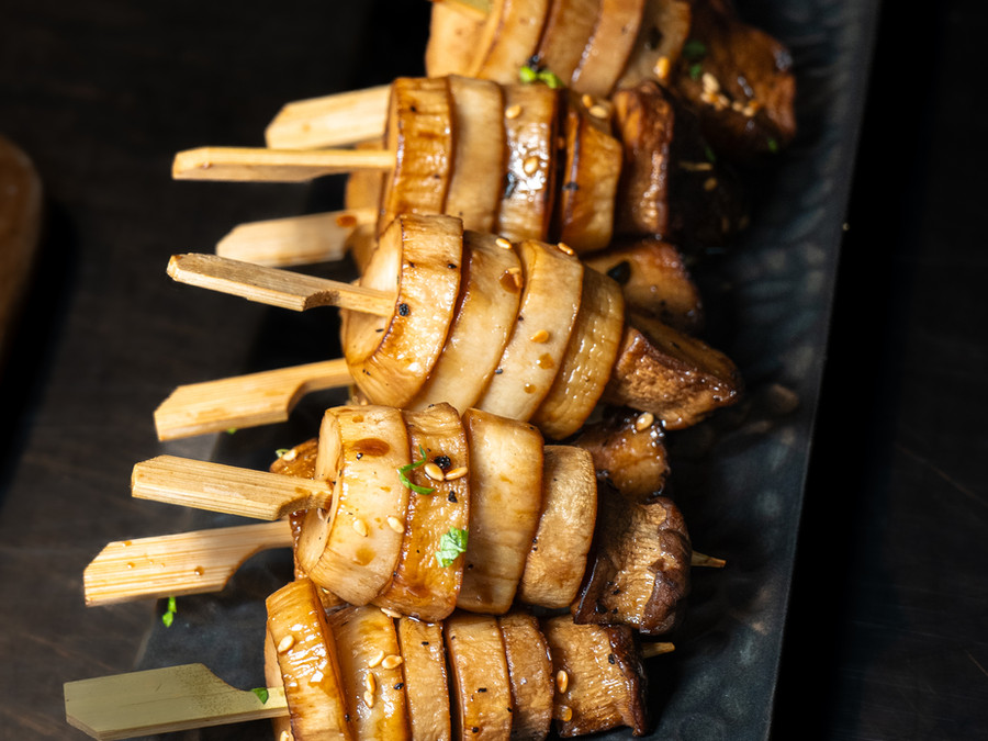 Oyster Mushroom Skewers, miso yoghurt & coriander