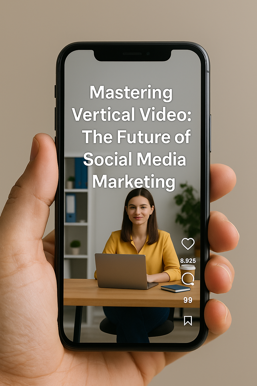 A close-up of a person holding a smartphone displaying an Instagram Reel titled “Mastering Vertical Video: The Future of Social Media Marketing,” with a woman seated at a desk in the background and visible Instagram interface icons for likes, comments, and saves.