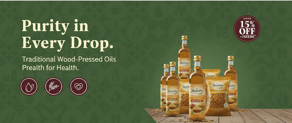 Traditional wooden ghani oil extraction process at Shambho Foods showcasing pure and naturally processed cooking oils
