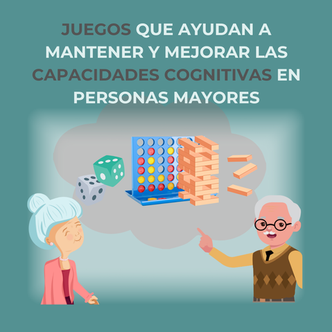 Ilustración de personas mayores utilizando juegos para mantener y mejorar las capacidades cognitivas en personas mayores, como memoria, lógica y coordinación
