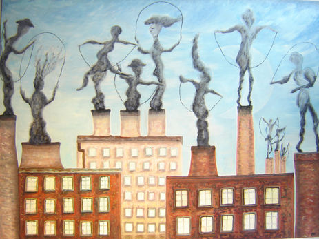 factories-chimneys-pollution-smoke figures skip rope
dancing-
oil painting.
art series on climate change.