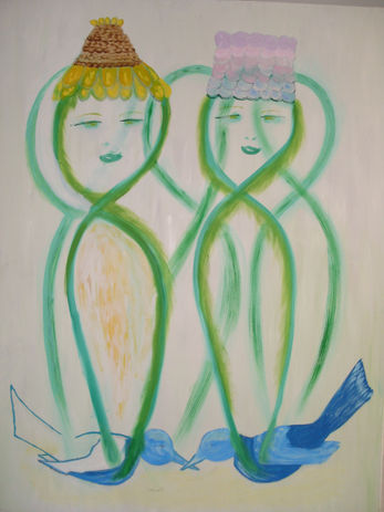 green quirky flower  characters- blue birds. oil painting.
