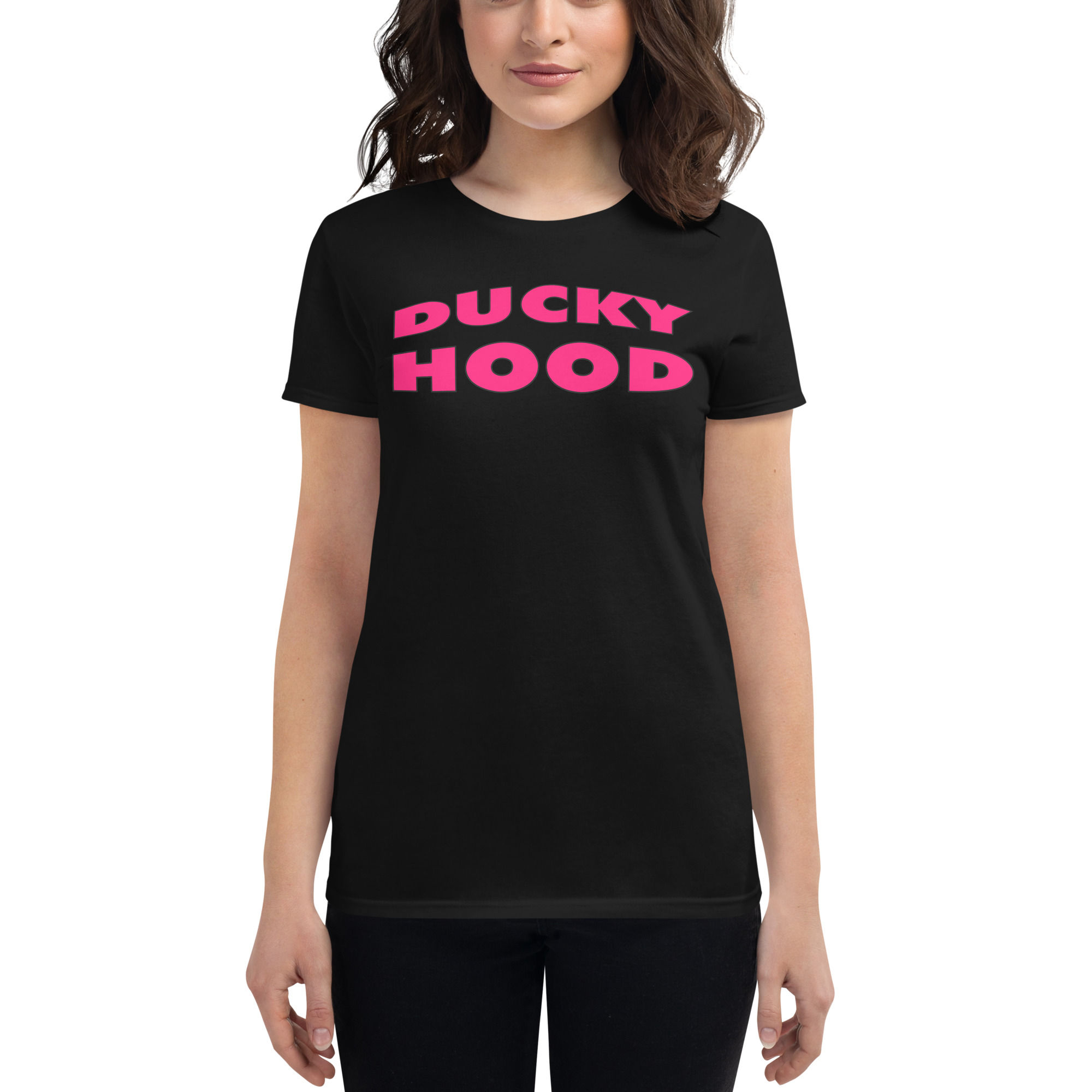 Women's Ducky Hood Classic Pink Print Fitted Tee (Black)