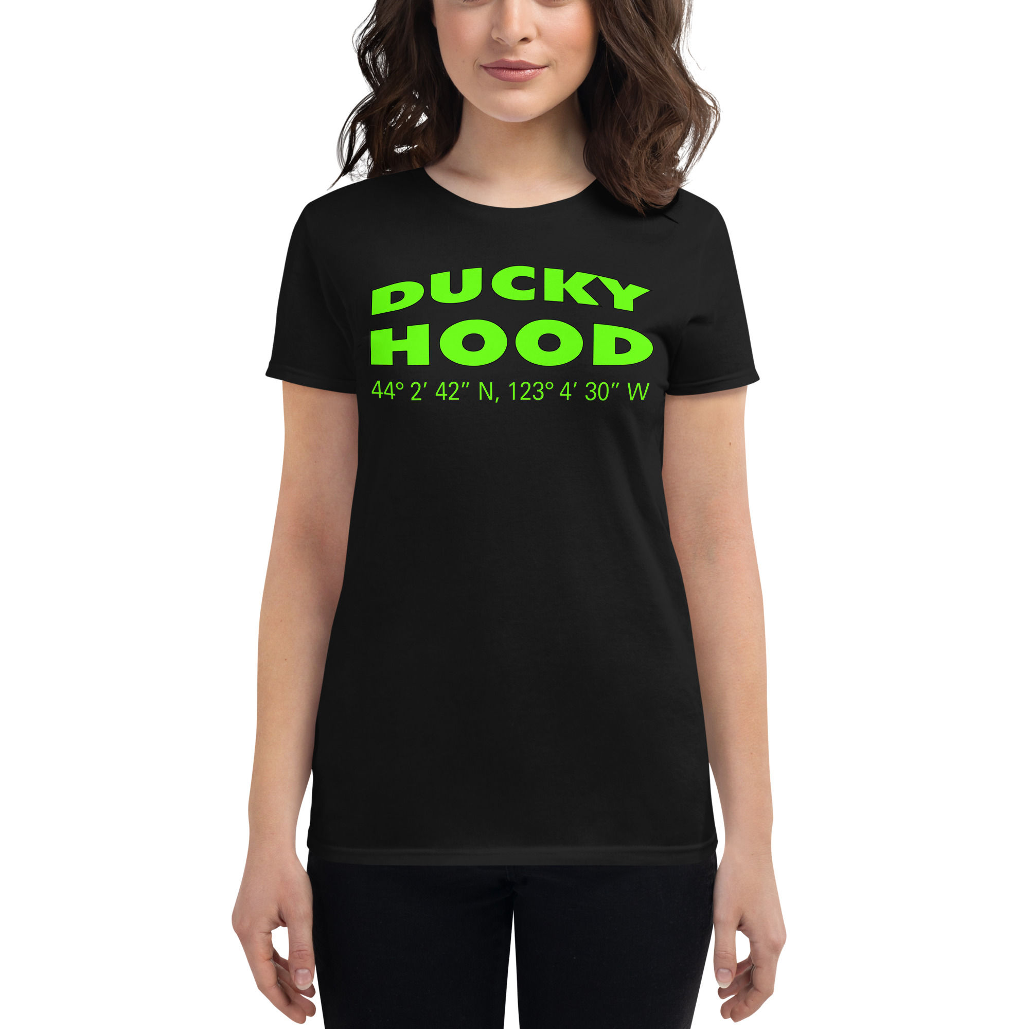 Ducky Hood Coordinates Bright Lime Green Print Women's Fitted Tee (Black)