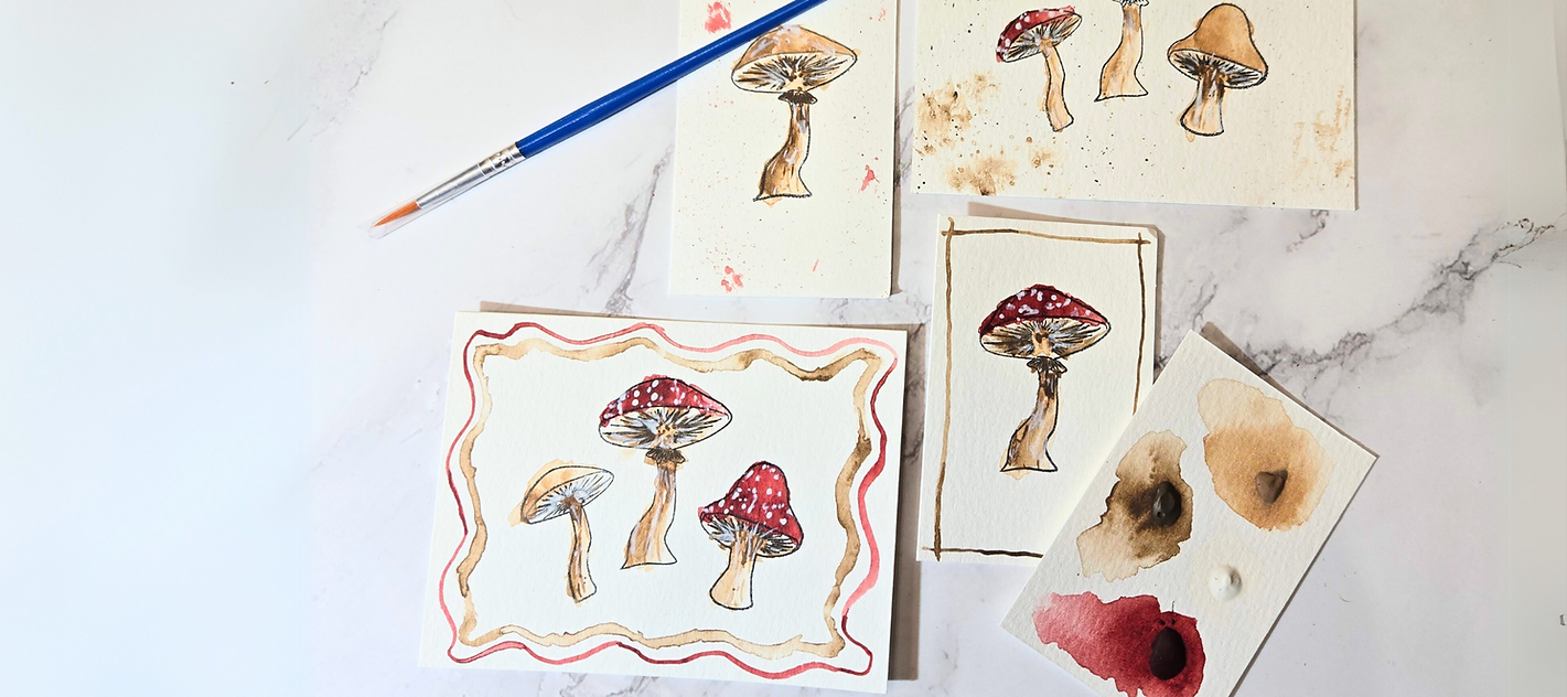 watercolor mushrooms painted and show kit details such as paintbrush
