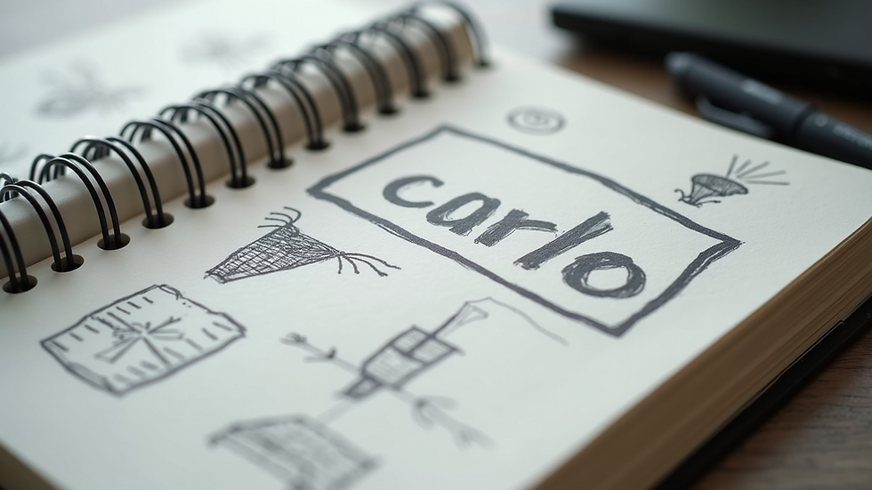 Close-up view of a notebook with handwritten brand ideas and sketches