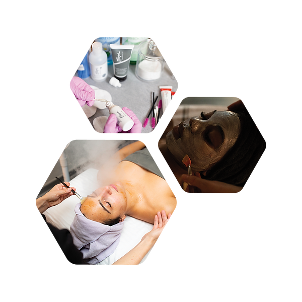 3 images in honeycomb configuration featuring products used, facial being applied and aromatherapy.