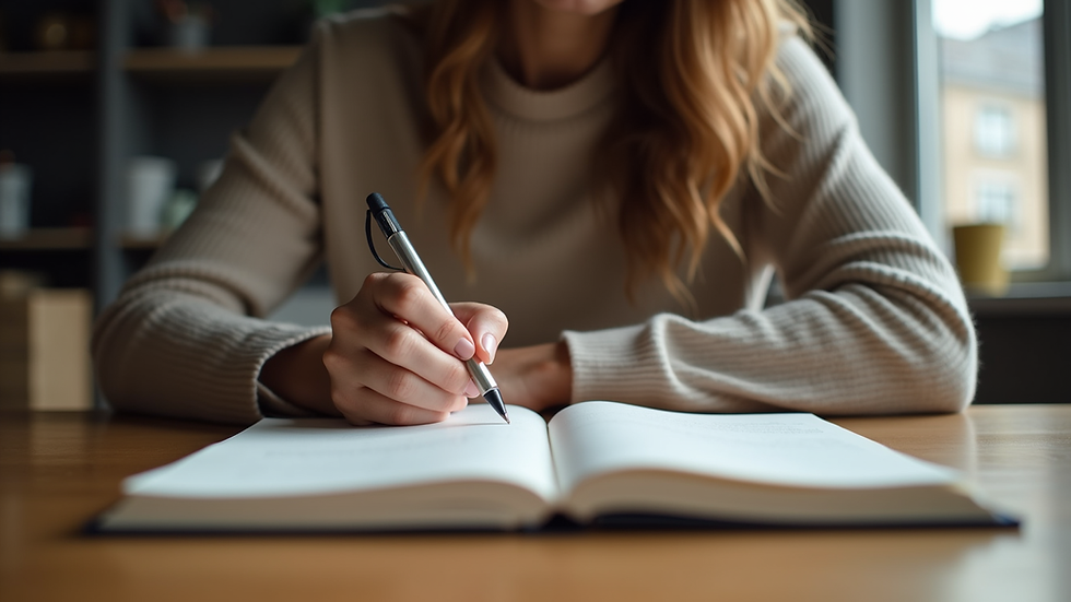 Eye-level view of a woman writing in a journal on a wooden table
