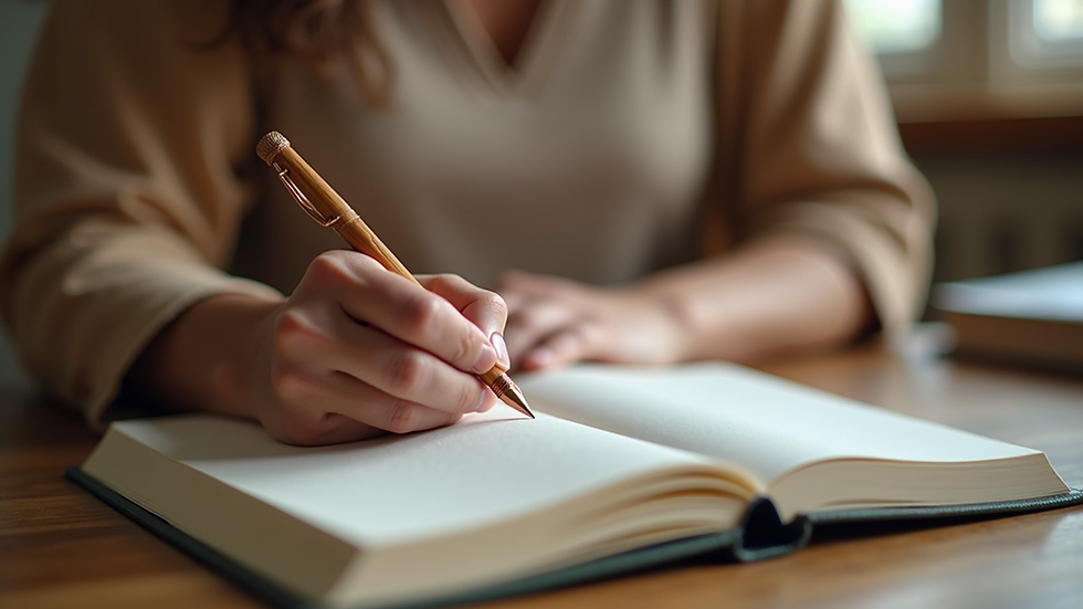 Close-up view of a woman writing in a journal during a healing workshop