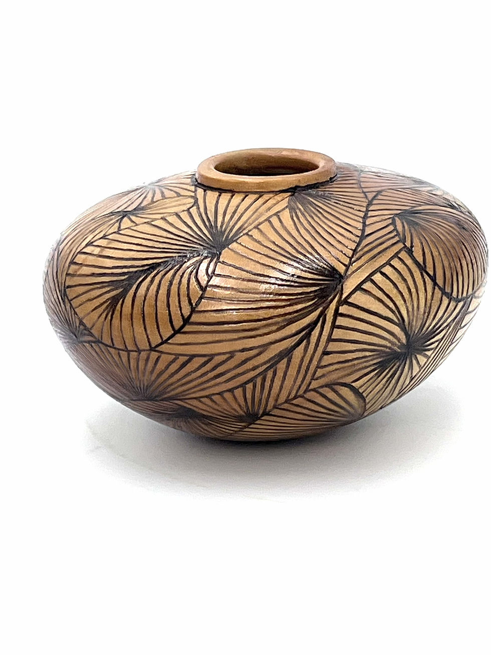 Dance In The Wildwood – willow hollow form with hand-burned fan pattern, side view