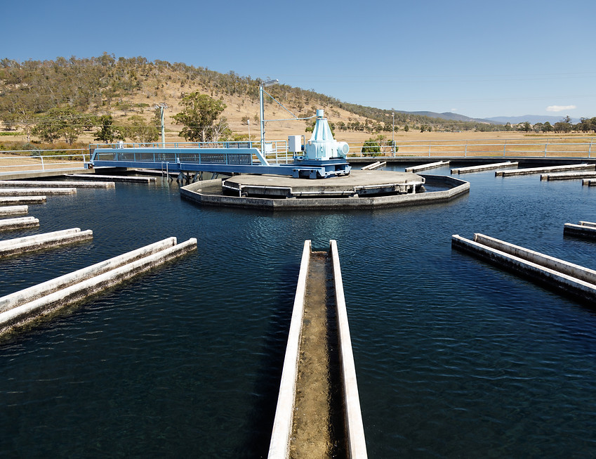 An aerial view of a water treatment plant.