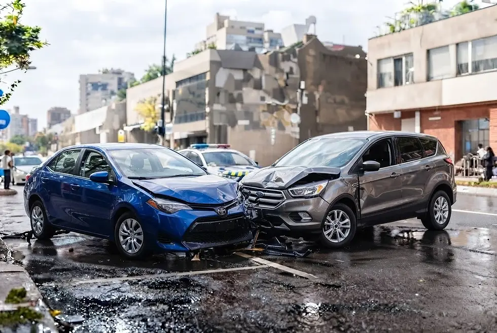 Studio or stock photography of a car accident between two damaged vehicles on a city street. A police car is visible in the background, creating a serious and urgent atmosphere.