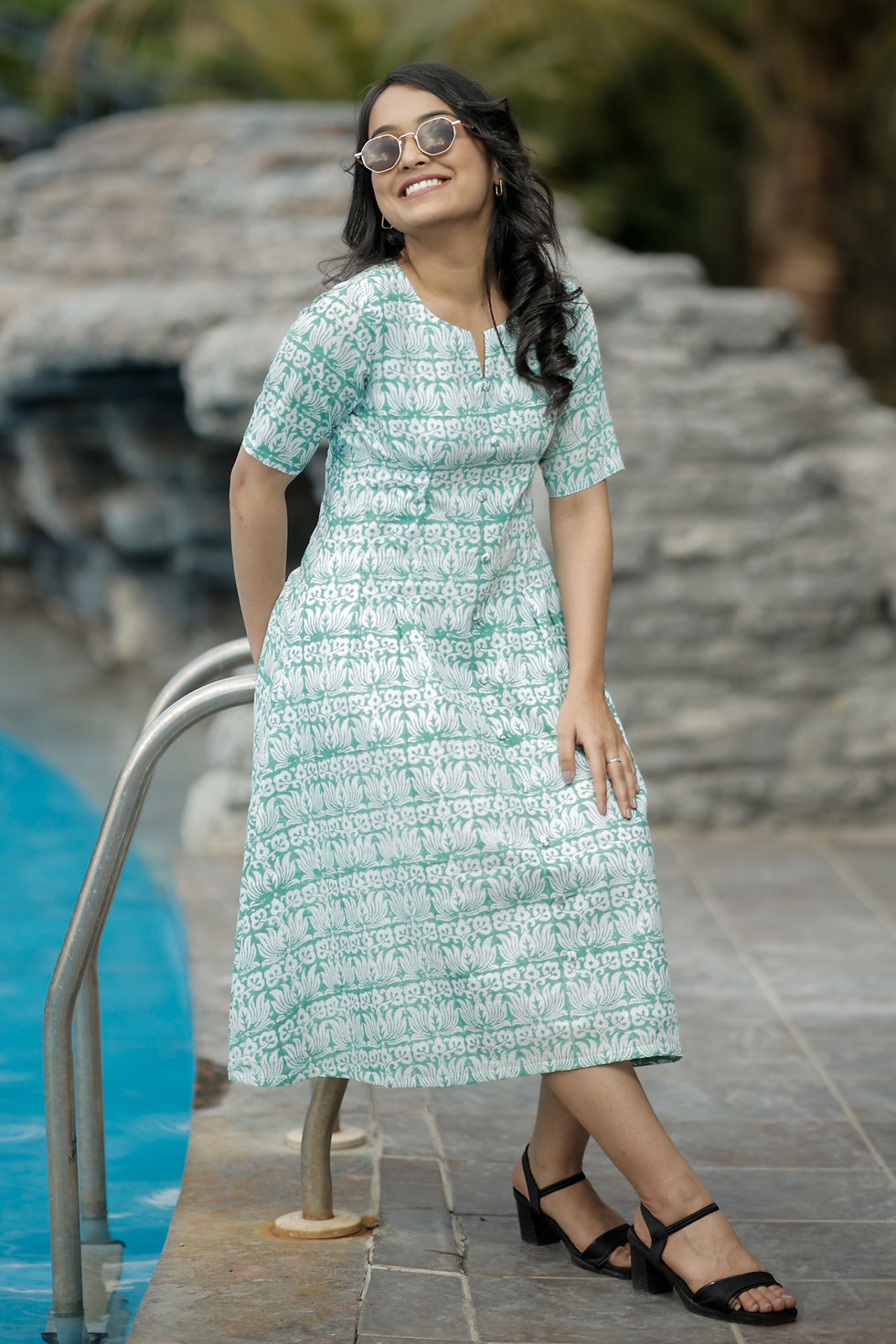Aqua Green Block Printed Dress