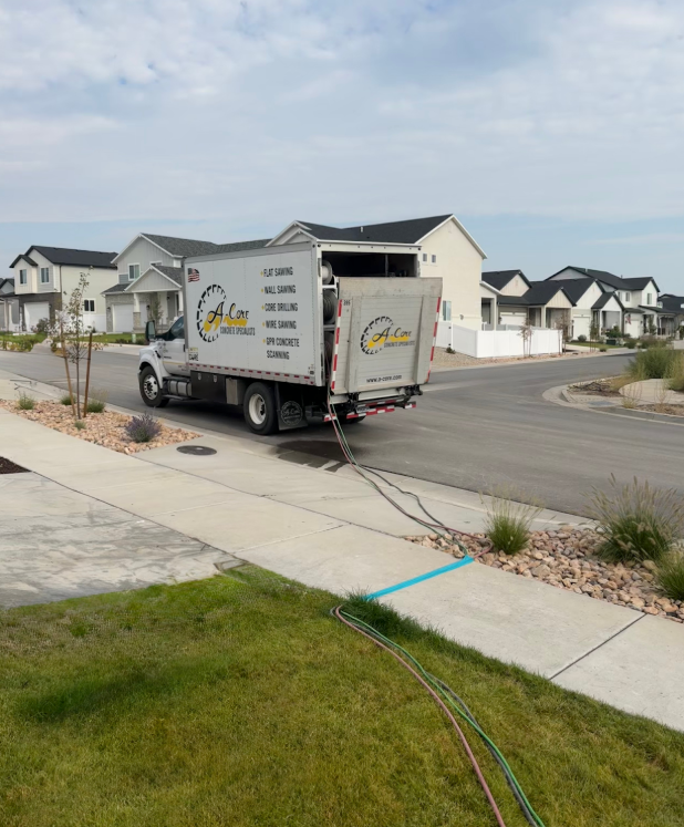 A-Core service truck with hoses set up for residential concrete cutting in a suburban neighborhood street