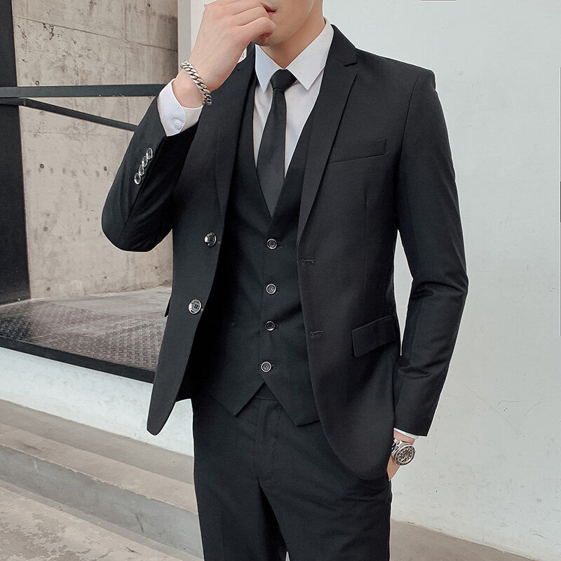 Terno de Cor Sólida para Homens, Moda Elegante para Negócios (Blazer+Colete+Calç