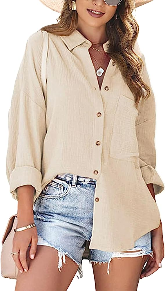 Woman wearing an Apricot linen button up