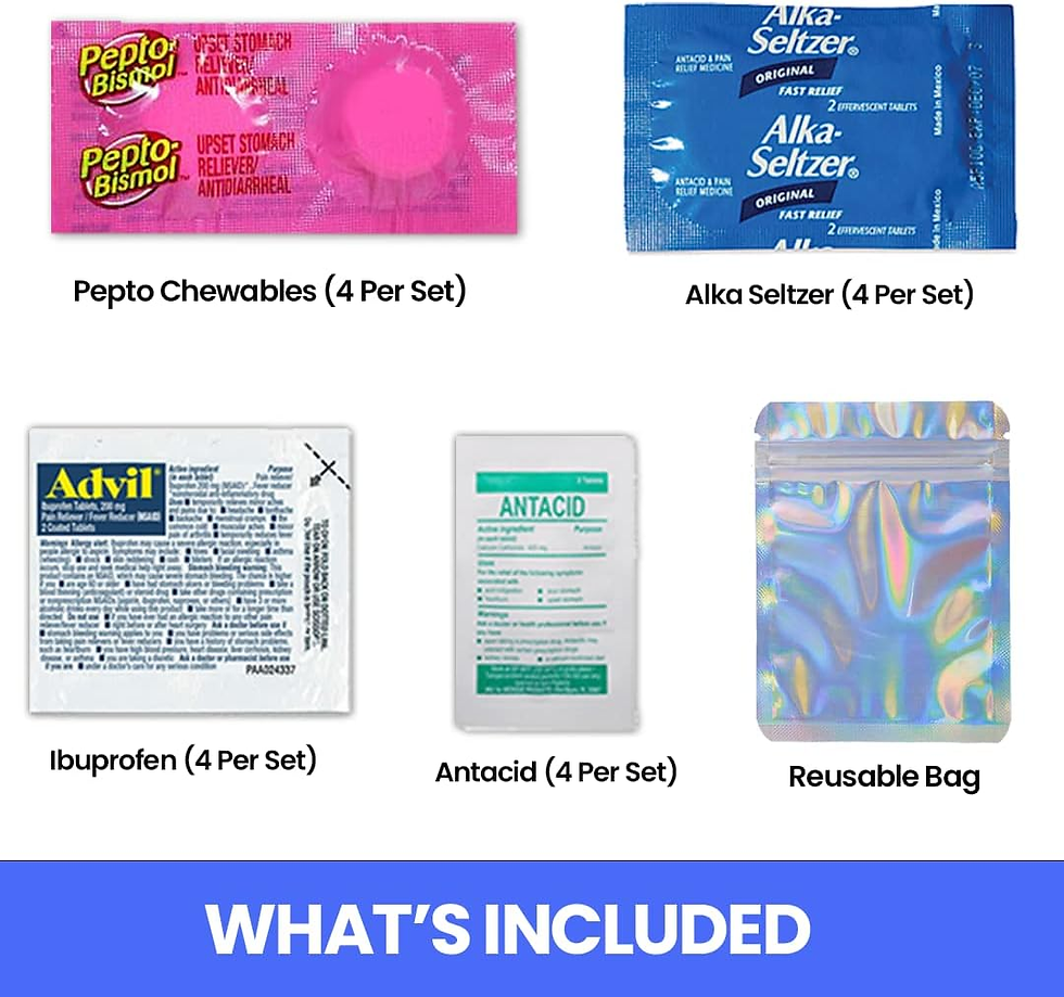 pepto bismol, advil, alka seltzer, antacid