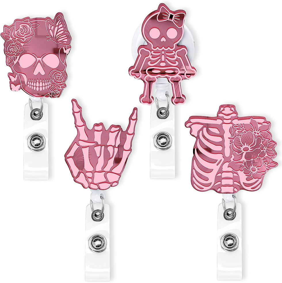 dark pink and light pink skull themed badge reels