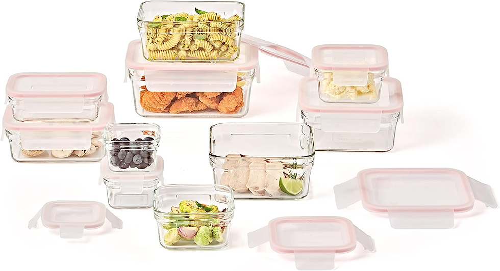 Assorted glass containers with clear and pink lids