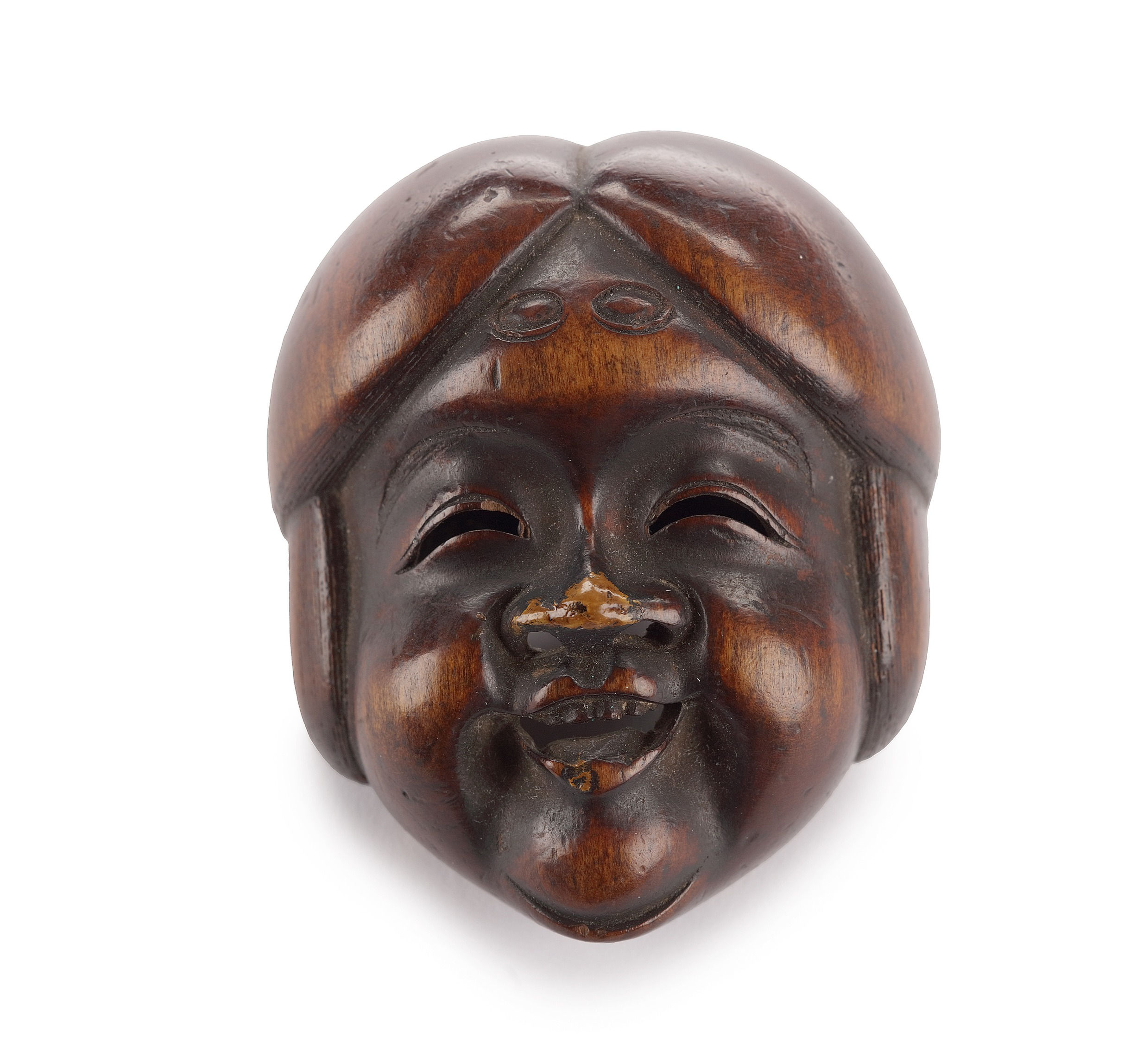 Boxwood noh mask netsuke of Okame by Shūzan