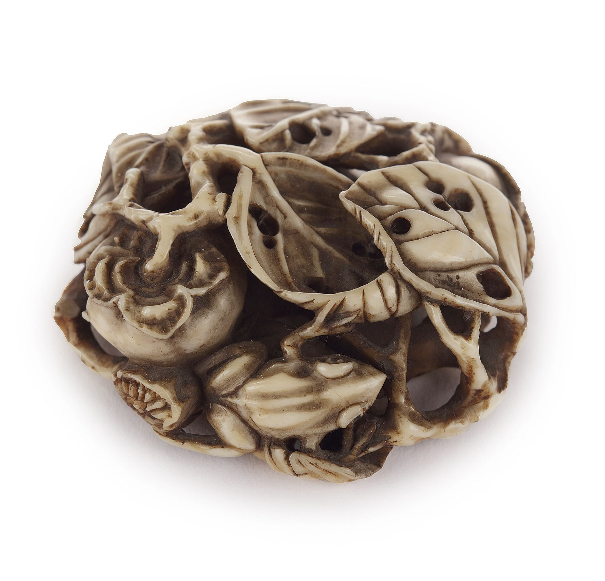 Manju Netsuke of Frogs on a Branch with Kaki by Ishikawa Rensai, act. 1850-1880-