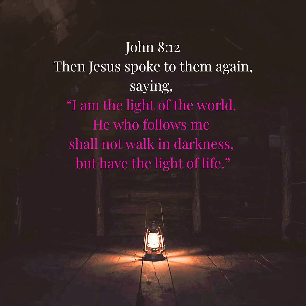Dark cabin with hurricane lamp lit, resting on the floor. Bible verse John 8:12.