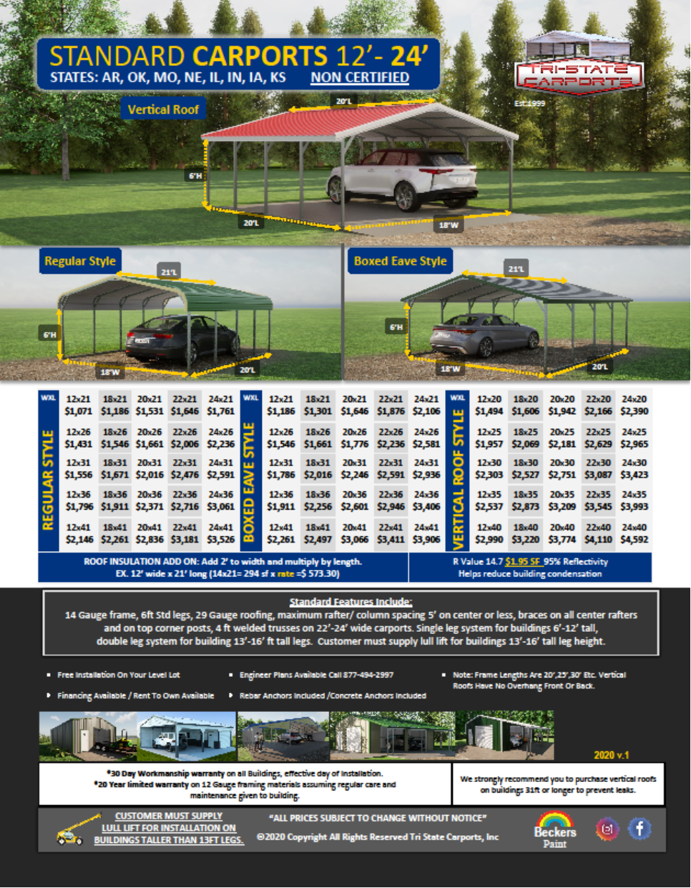STD CARPORTS 12'-24' W NON CERTIFI