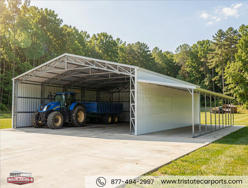 40'WX50'LX12'H VERTICAL ROOF WITH LEAN TO SKU 171 | Tri State Carports