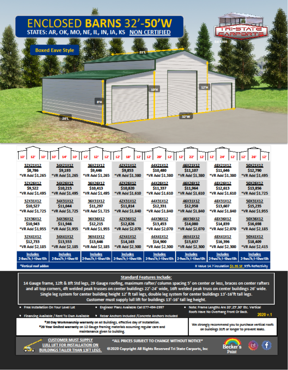 ELCLOSED BARNS 32-50'W NON CERTIFI