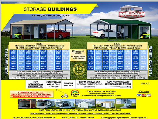 Service Area Price Sheets Missouri Tristate Carports Inc