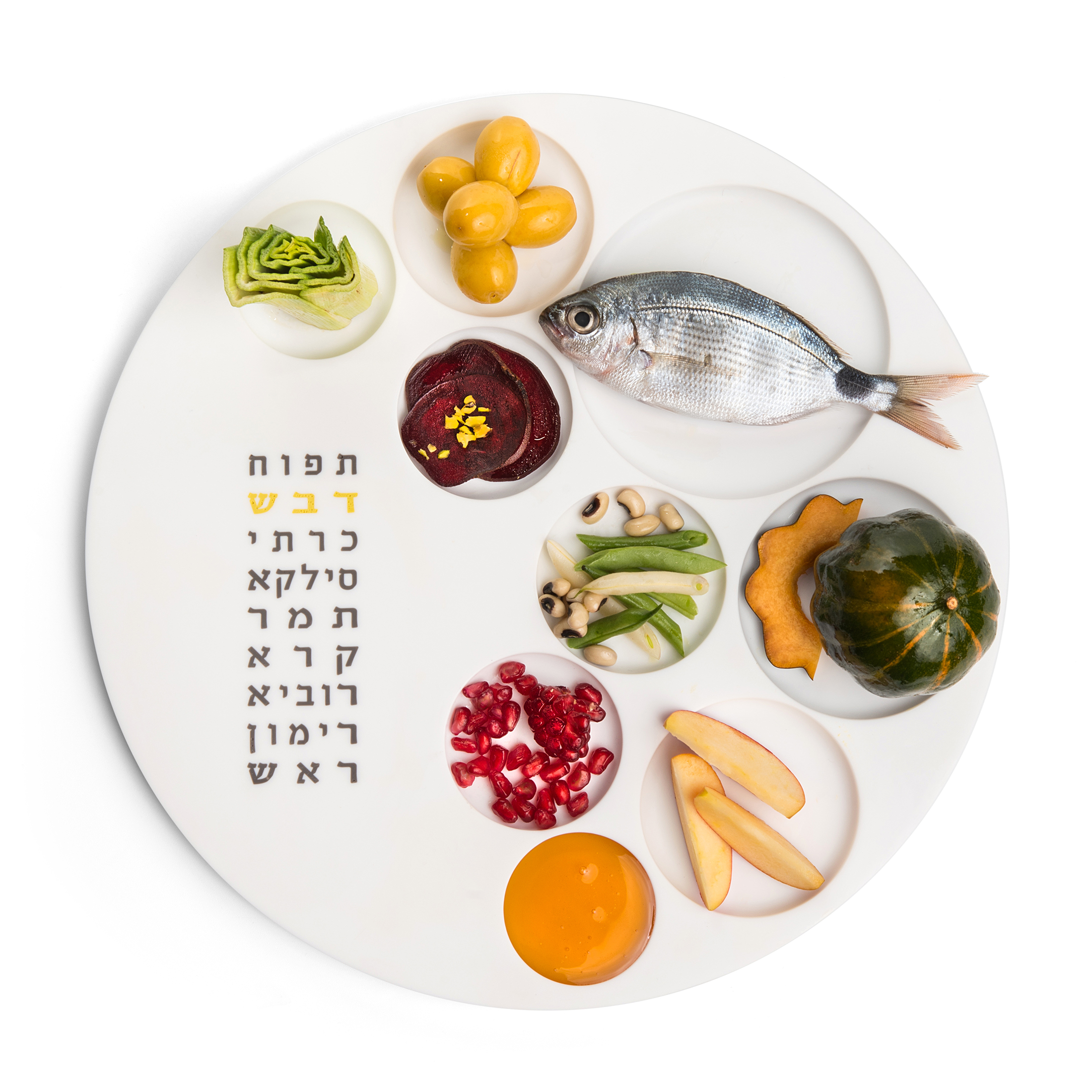 TISHREY - צלחת ראש השנה - לבן, כיתוב אפור וצהוב