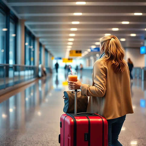woman with a suitcase walking through the airport holding a smoothie.jpg