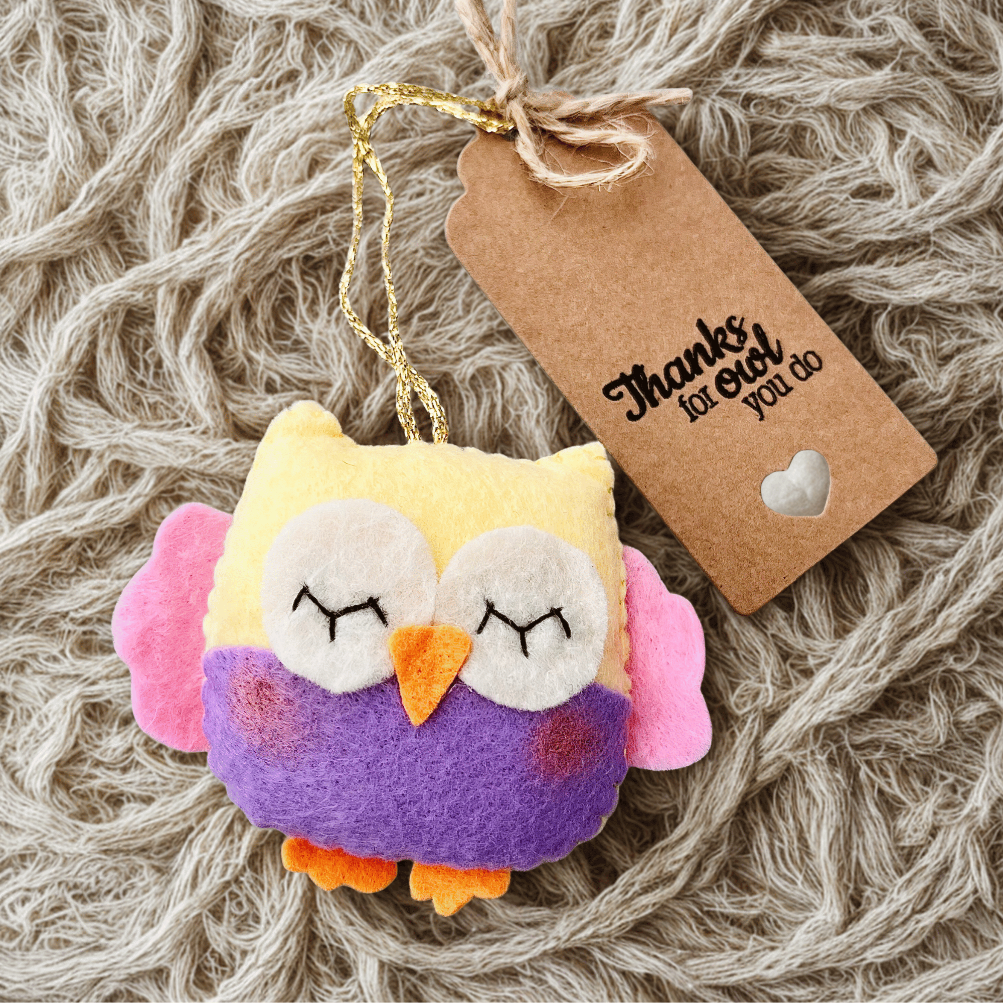 Purple yellow and pink felt owl hanging with a brown kraft tag that reads Thanks for owl you do
