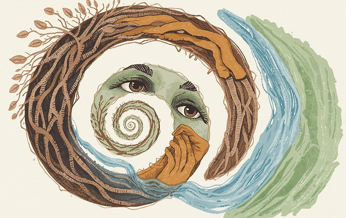 “A hand-drawn style spiral turning inward, with three loops. The outer loop shows roots in