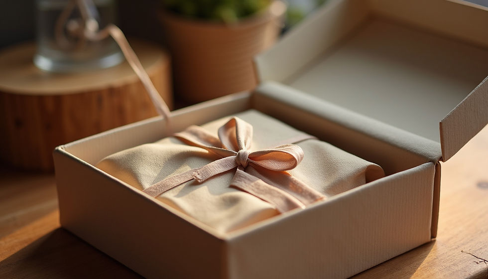 Close-up view of a beautifully crafted custom gift box filled with personalized items