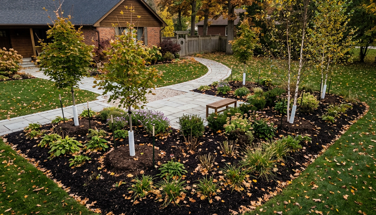 Overhead view of a mulched garden bed with protected young trees and clean walkways ready for winter.