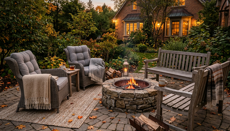 Eye-level view of outdoor lounge chairs arranged around a stone fire pit.