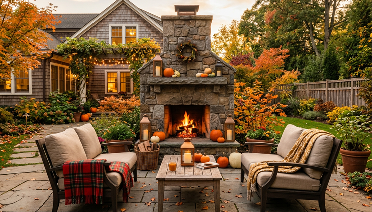 Wide-angle view of a backyard fireplace surrounded by comfortable seating in fall.
