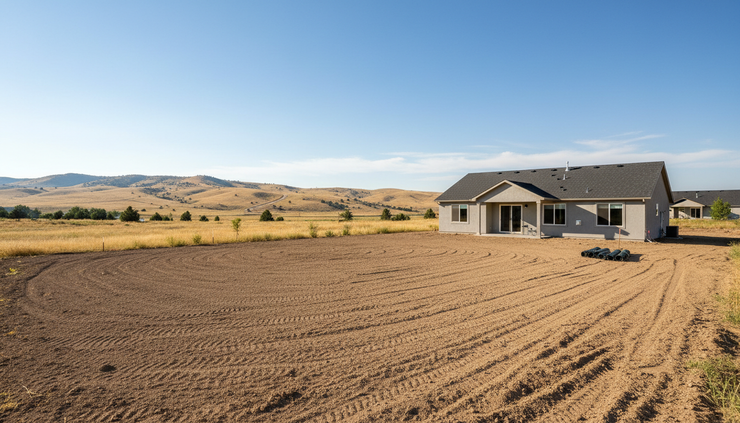 Wide-angle view of a Treasure Valley backyard with fresh soil preparation and mountain foothills in the distance.