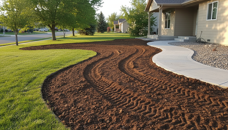 Eye-level view of fresh topsoil being shaped beside a residential walkway in an Idaho yard.