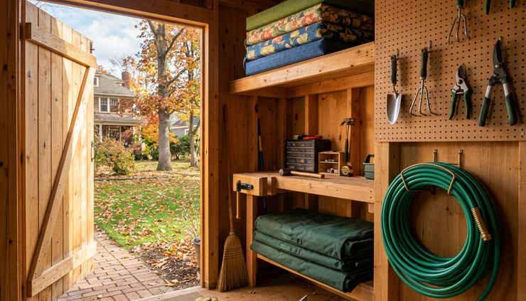 Eye-level view of clean garden tools, coiled hoses, and covered patio chairs stored neatly in a shed for winter.