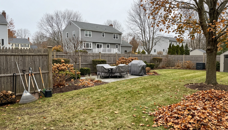 Wide-angle view of a backyard being prepared for winter with trimmed shrubs, covered patio furniture, and fallen leaves on the lawn.