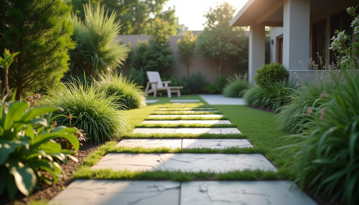 Eye-level view of a freshly landscaped backyard with stone pathways and lush greenery