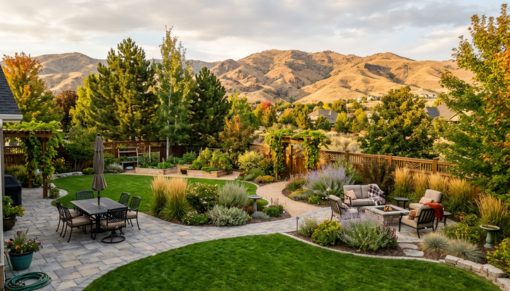 Wide-angle view of a finished Boise backyard with lawn, pavers, shrubs, and mountain views.